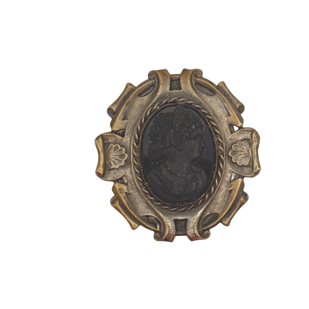 Victorian Dress Clip Women Vulcanite Black Cameo Brass Tone Mourning